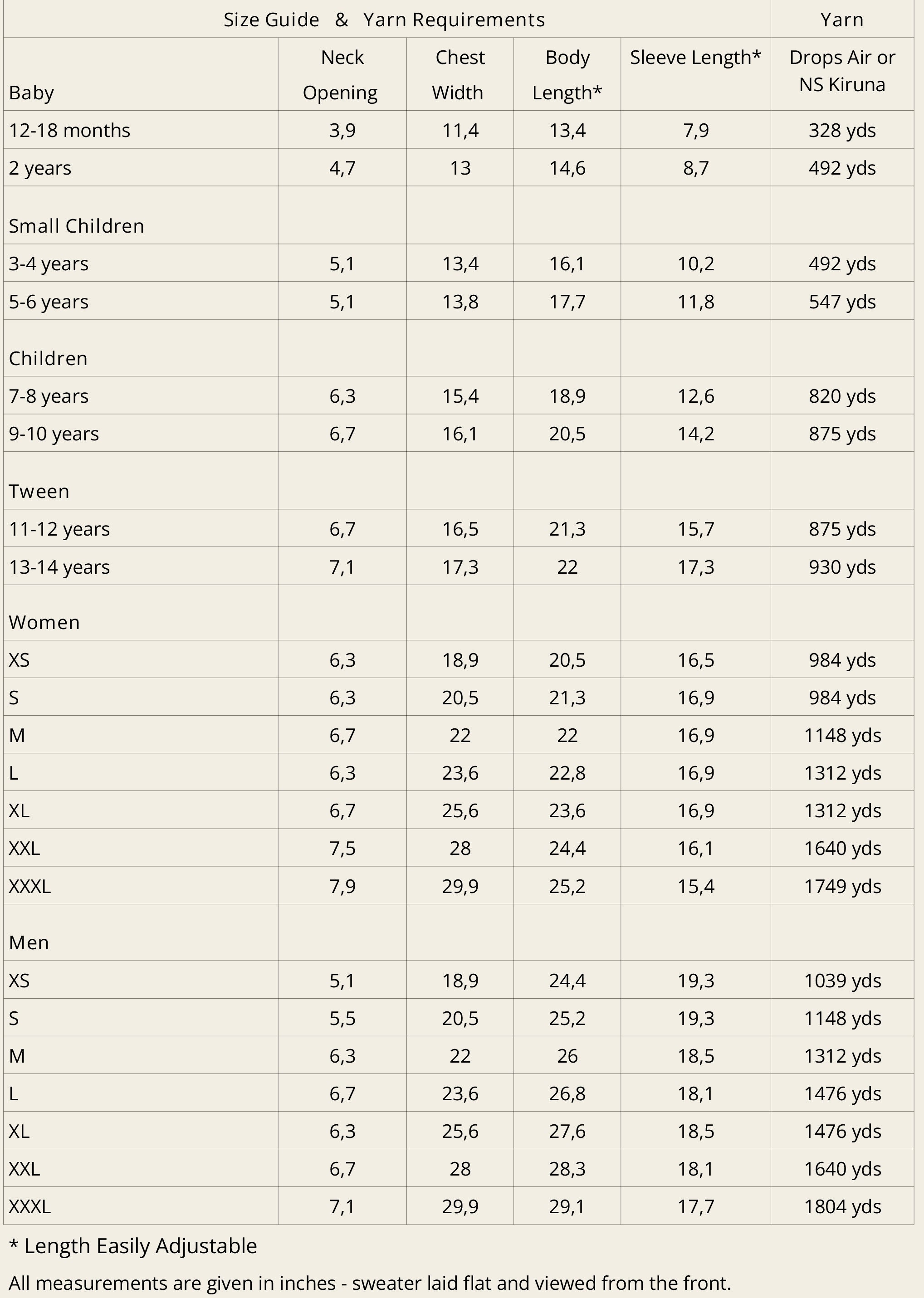 Size guide for The Mild Sweater – US sizes kids 12 months to adult XXXL