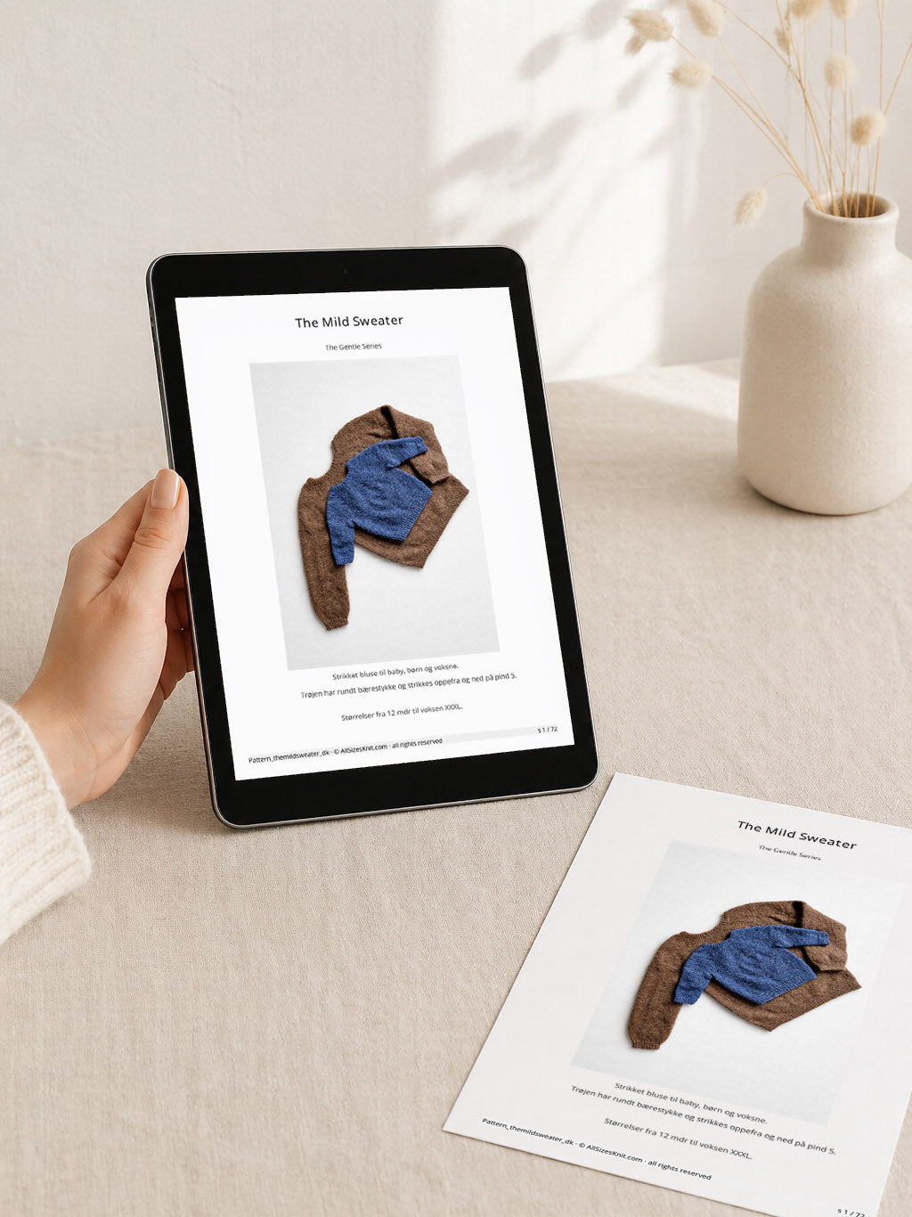 The Mild Sweater knitting pattern displayed on iPad and printed on paper
